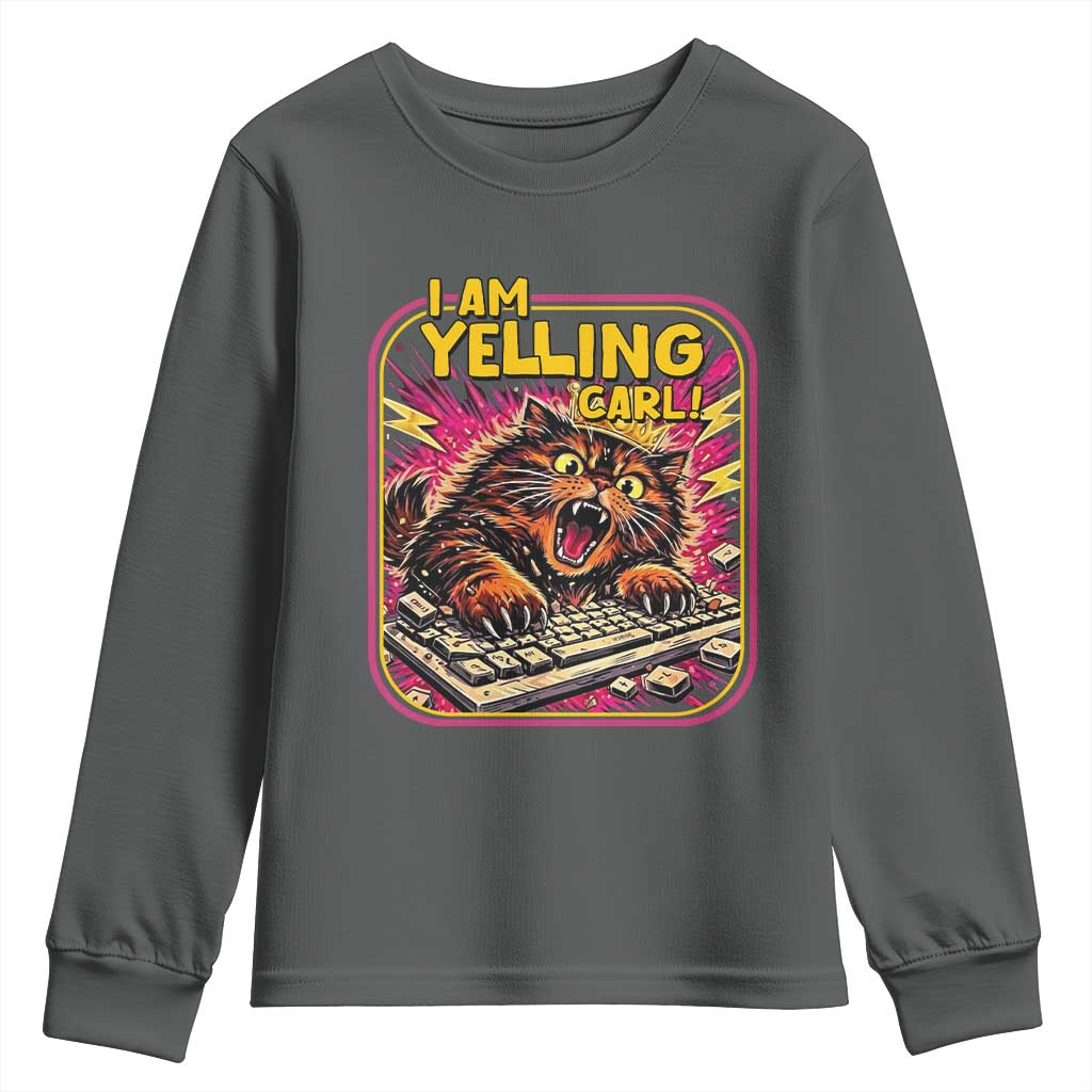 Funny I Am Yelling Carl Youth Sweatshirt Screaming Donut Cat Meme TS14 Dark Heather Print Your Wear