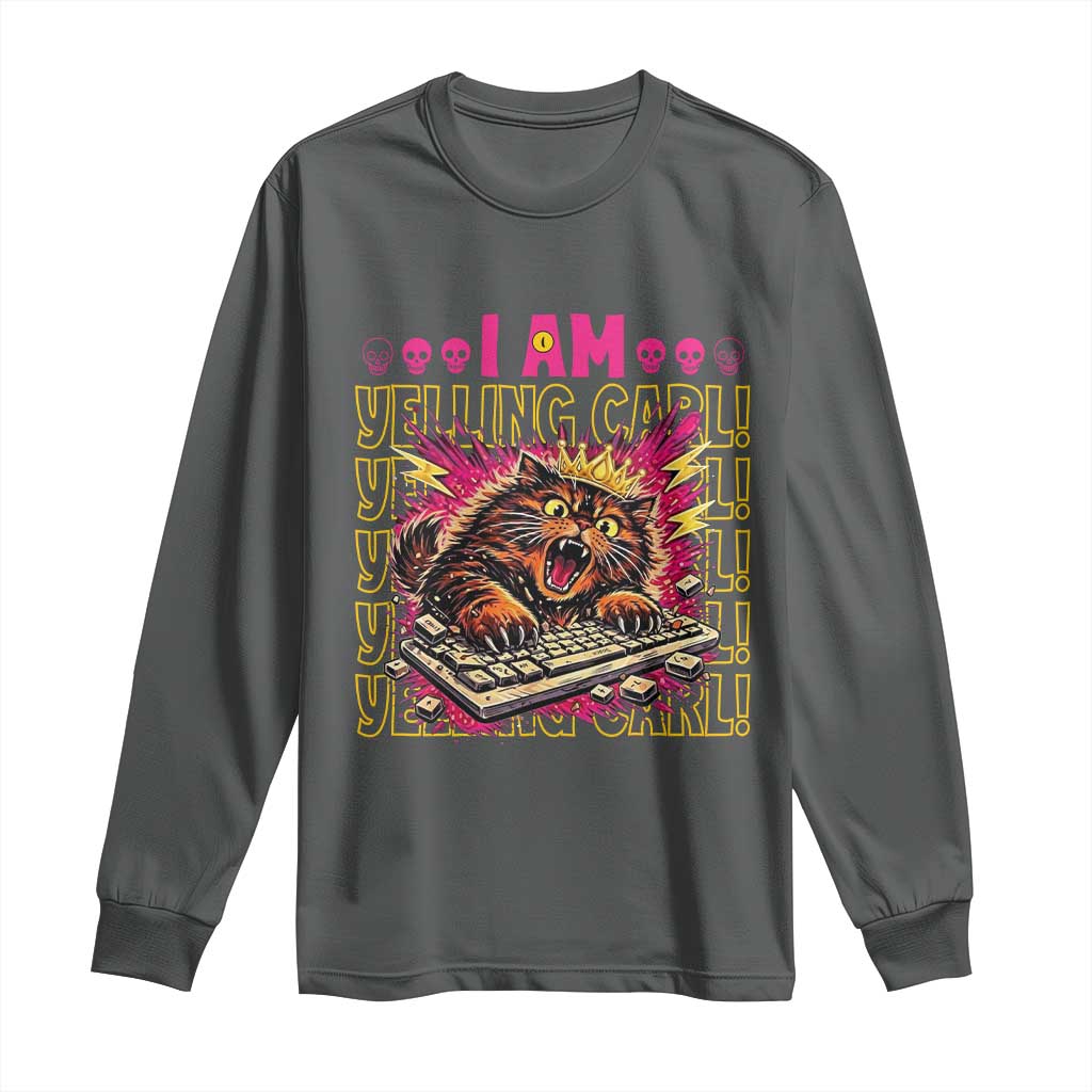 Funny I Am Yelling Carl Donut Cat Meme Long Sleeve Shirt TS14 Dark Heather Print Your Wear