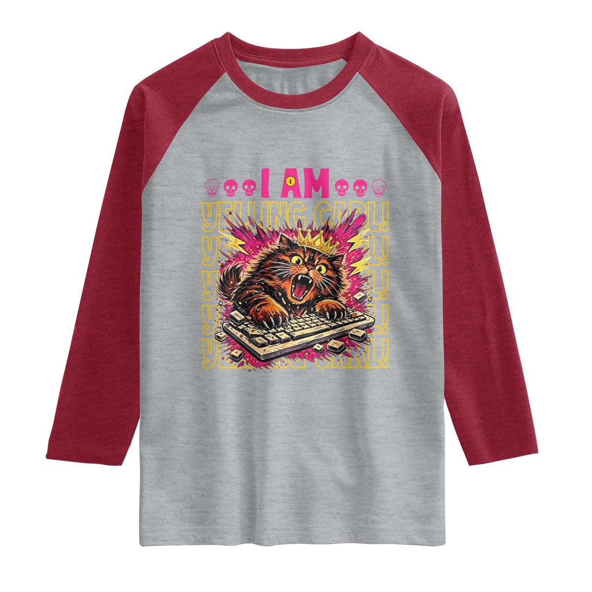 Funny I Am Yelling Carl Donut Cat Meme Raglan Shirt TS14 Heather Gray Heather Red Print Your Wear