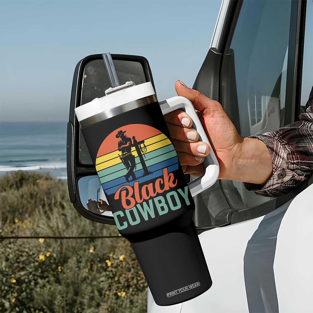 Black Cowboy Sunset Tumbler With Handle Western Rodeo Cross TS14 Print Your Wear