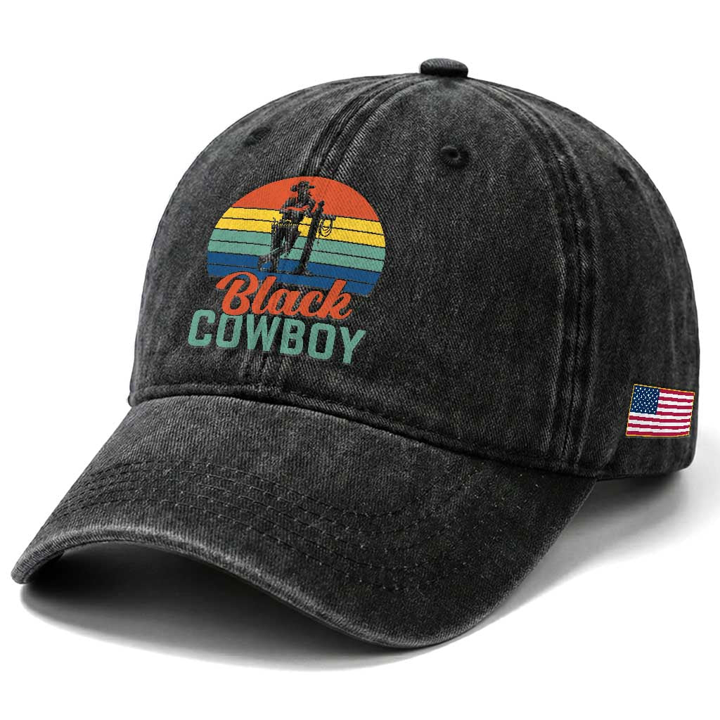 Black Cowboy Sunset Washed Cotton Baseball Cap Western Rodeo Cross TS14 Print Your Wear