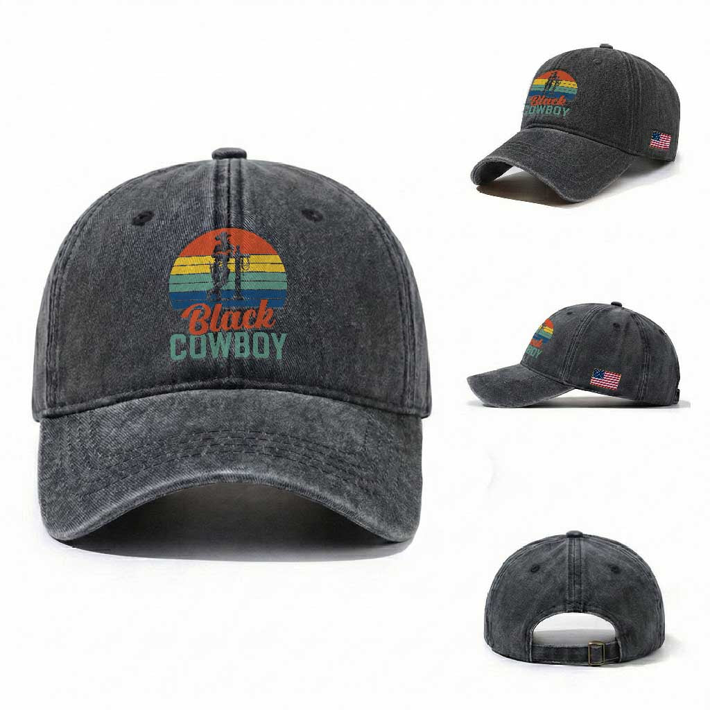 Black Cowboy Sunset Washed Cotton Baseball Cap Western Rodeo Cross TS14 Washed Cap Universal Fit Dark Gray Print Your Wear