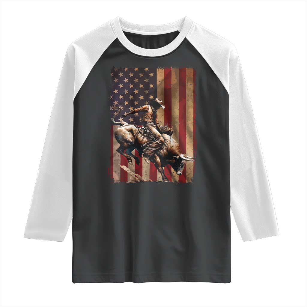 Black Cowboy Bull Rider Raglan Shirt Western Rodeo Patriotic American Flag TS14 Black White Print Your Wear