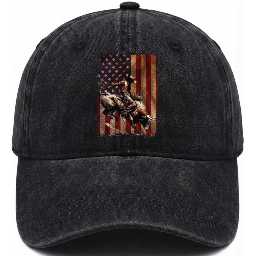 Black Cowboy Bull Rider Washed Cotton Baseball Cap Western Rodeo Patriotic American Flag TS14 Washed Cap Universal Fit Black Print Your Wear