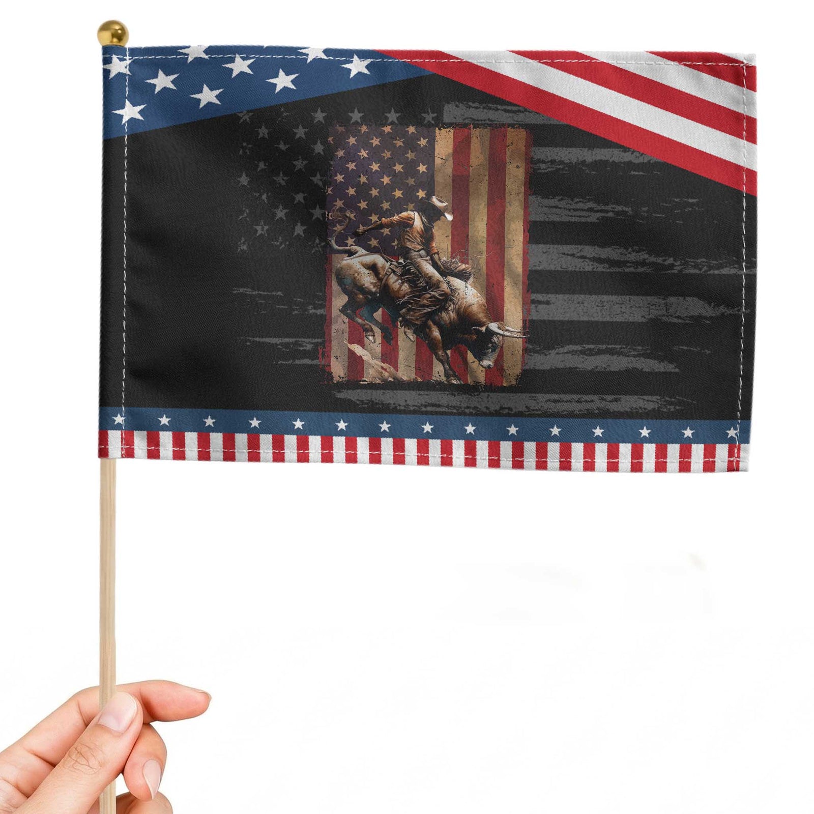 Black Cowboy Bull Rider Patriotic Handheld Flag Western Rodeo American Flag TS14 Distressed 8.2