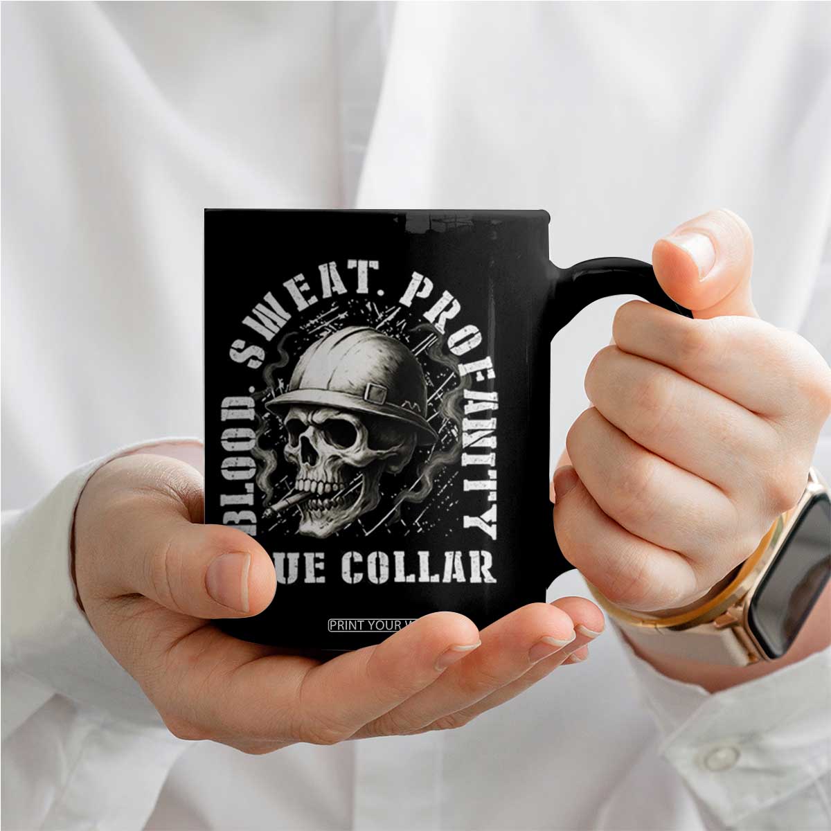 Skull Smoking Coffee Mug Blood Sweat Profanity Blue Collar TS14 Print Your Wear
