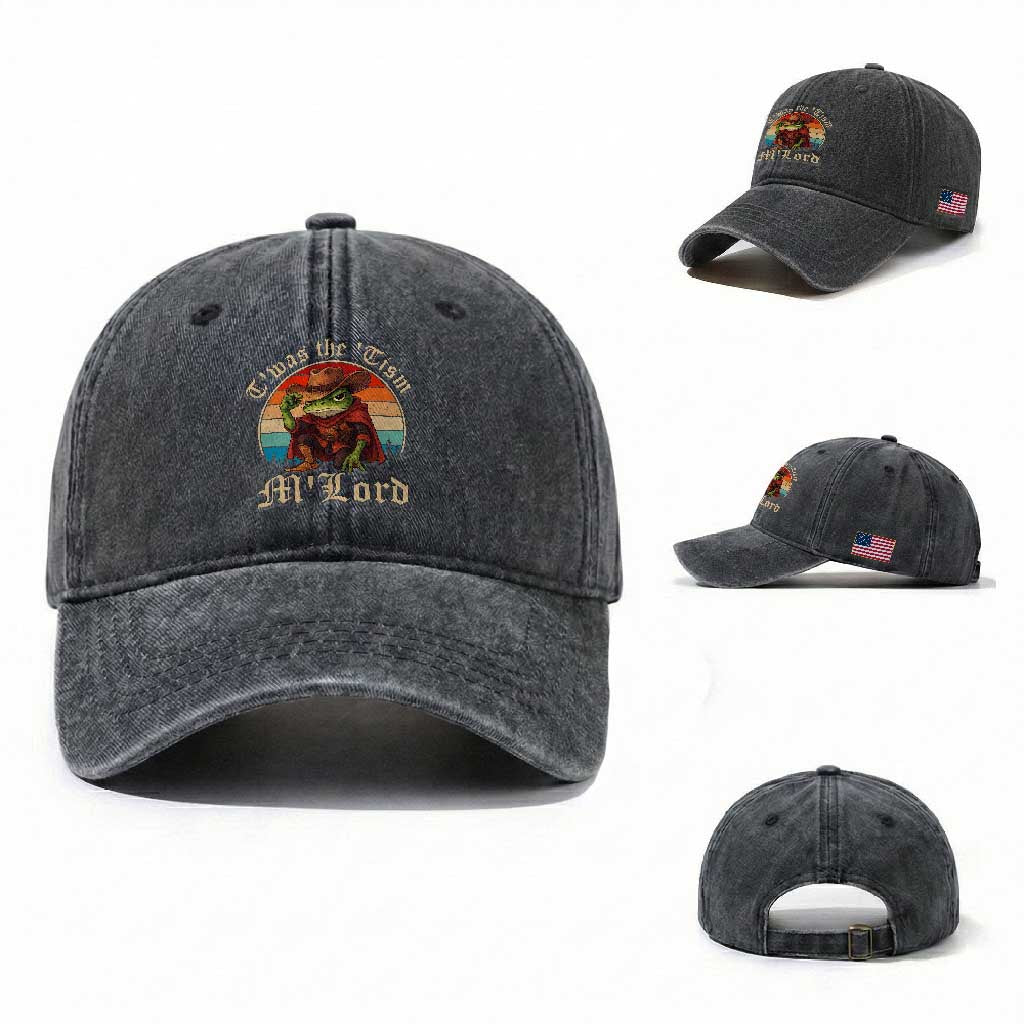 Funny Frog Autism Washed Cotton Baseball Cap T'was The 'Tism M'Lord TS14 Washed Cap Universal Fit Dark Gray Print Your Wear