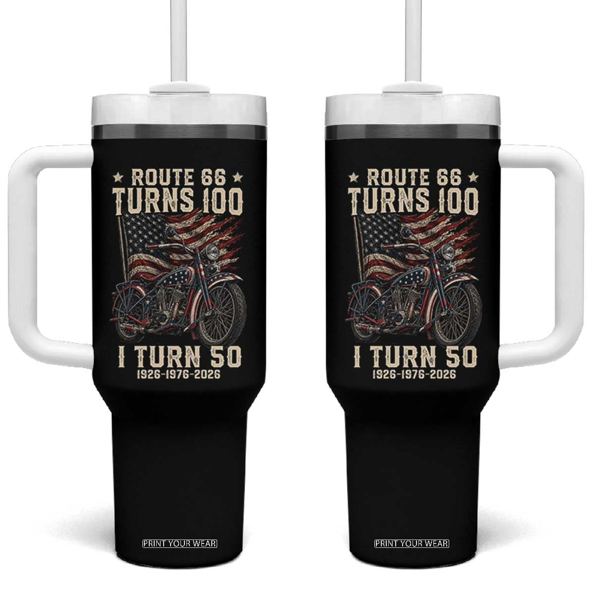 Route Highway 66 Turns 100 I Turn 50 Tumbler With Handle Vintage 1976 Road Sign Classic Motorcycle Lover 50th Birthday Gift TS14 One Size: 40 oz Black Print Your Wear