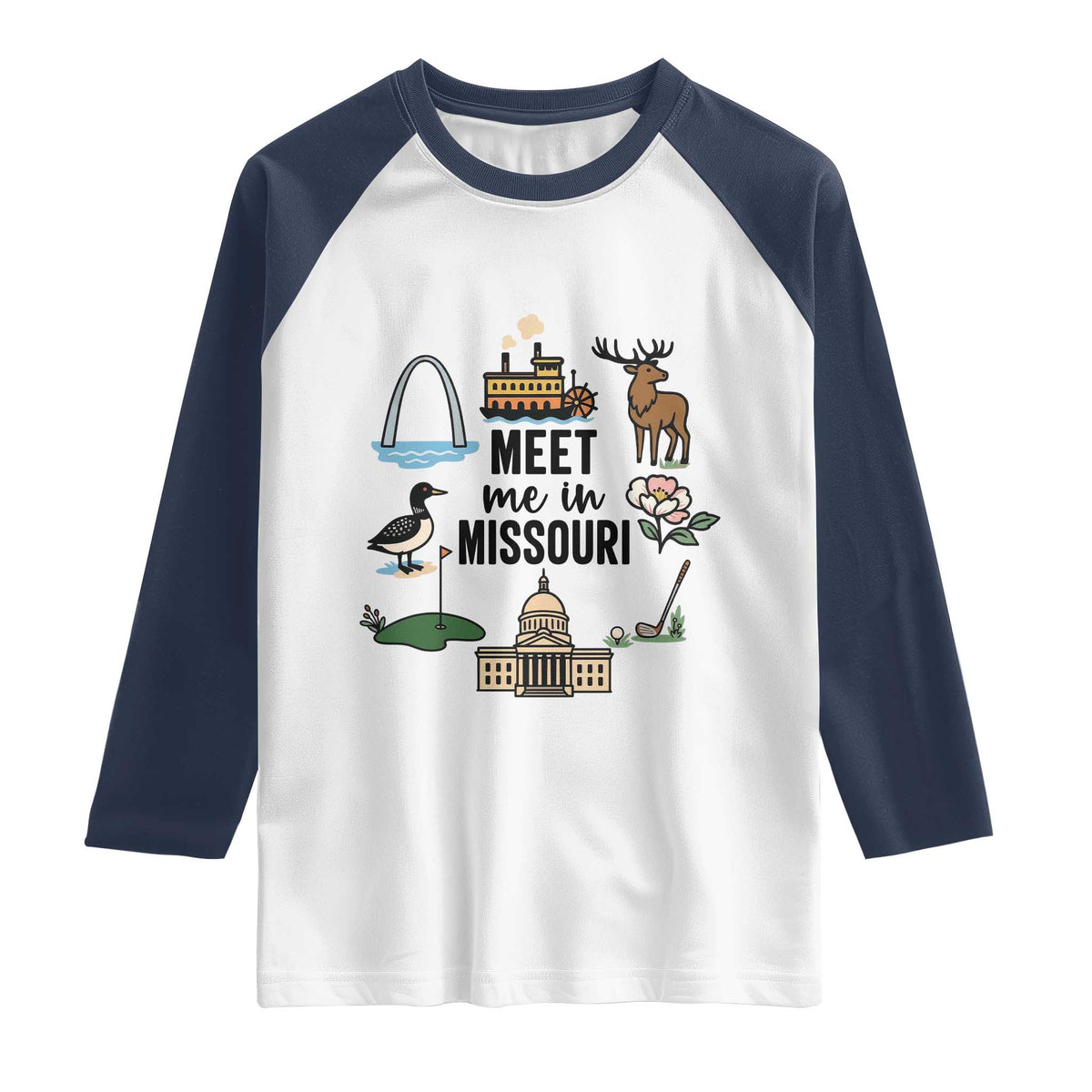 Meet Me in Missouri State Map Souvenir Raglan Shirt TS14 White Navy Print Your Wear