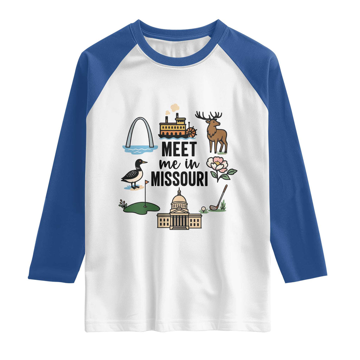 Meet Me in Missouri State Map Souvenir Raglan Shirt TS14 White Royal Print Your Wear
