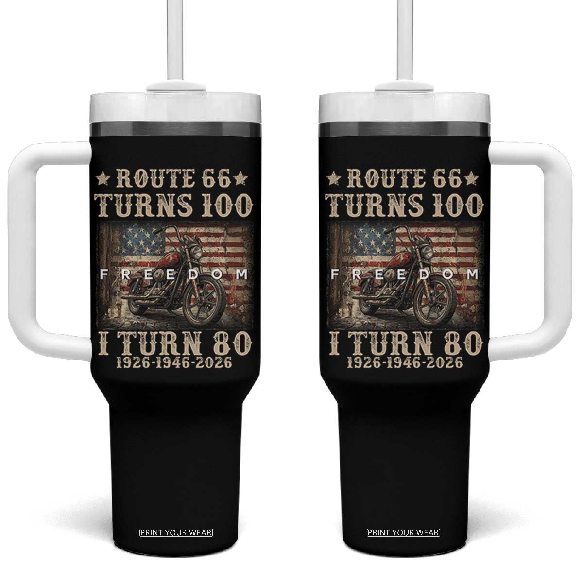 Route Highway 66 Turns 100 I Turn 80 Tumbler With Handle Vintage 1946 American Freedom Motorcycle Lover 80th Birthday Gift TS14 One Size: 40 oz Black Print Your Wear