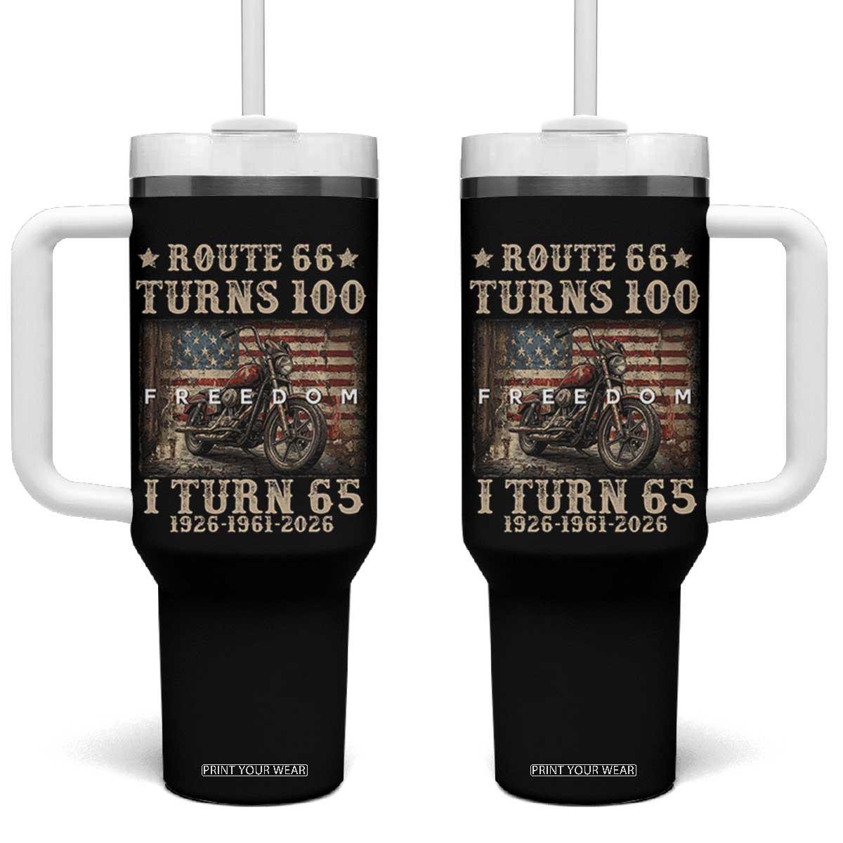 Route Highway 66 Turns 100 I Turn 65 Tumbler With Handle Vintage 1961 American Freedom Motorcycle Lover 65th Birthday Gift TS14 One Size: 40 oz Black Print Your Wear