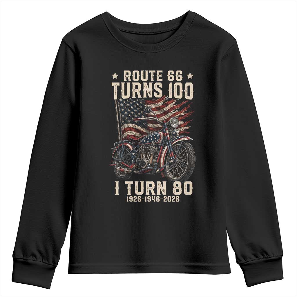 Route Highway 66 Turns 100 I Turn 80 Youth Sweatshirt Vintage 1946 American Classic V-Twin Motorcycle Lover 80th Birthday Gift TS14 Black Print Your Wear