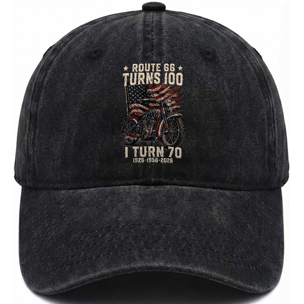 Route Highway 66 Turns 100 I Turn 70 Washed Cotton Baseball Cap Vintage 1956 American Classic V-Twin Motorcycle Lover 70th Birthday Gift TS14 Print Your Wear
