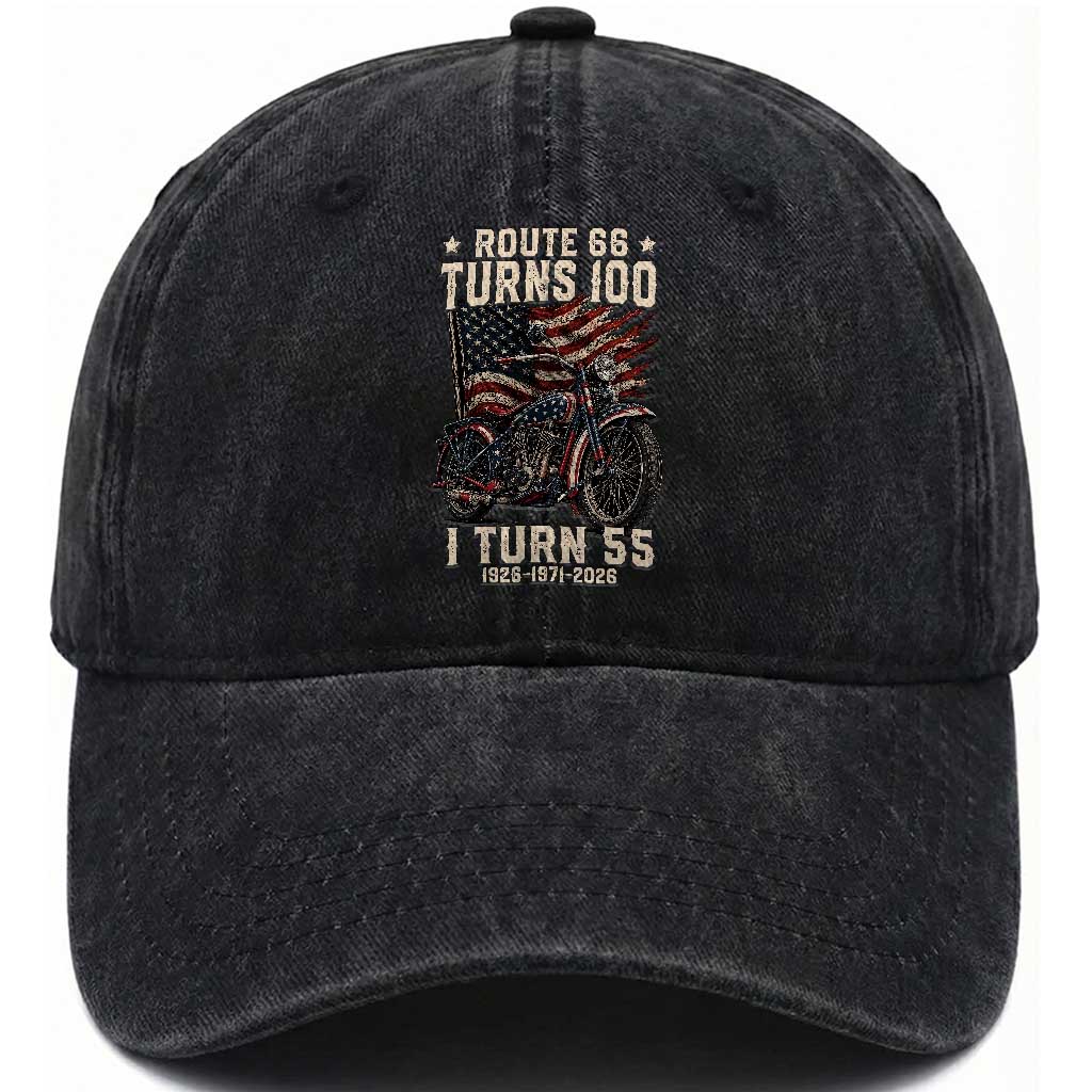 Route Highway 66 Turns 100 I Turn 55 Washed Cotton Baseball Cap Vintage 1971 American Classic V-Twin Motorcycle Lover 55th Birthday Gift TS14 Print Your Wear