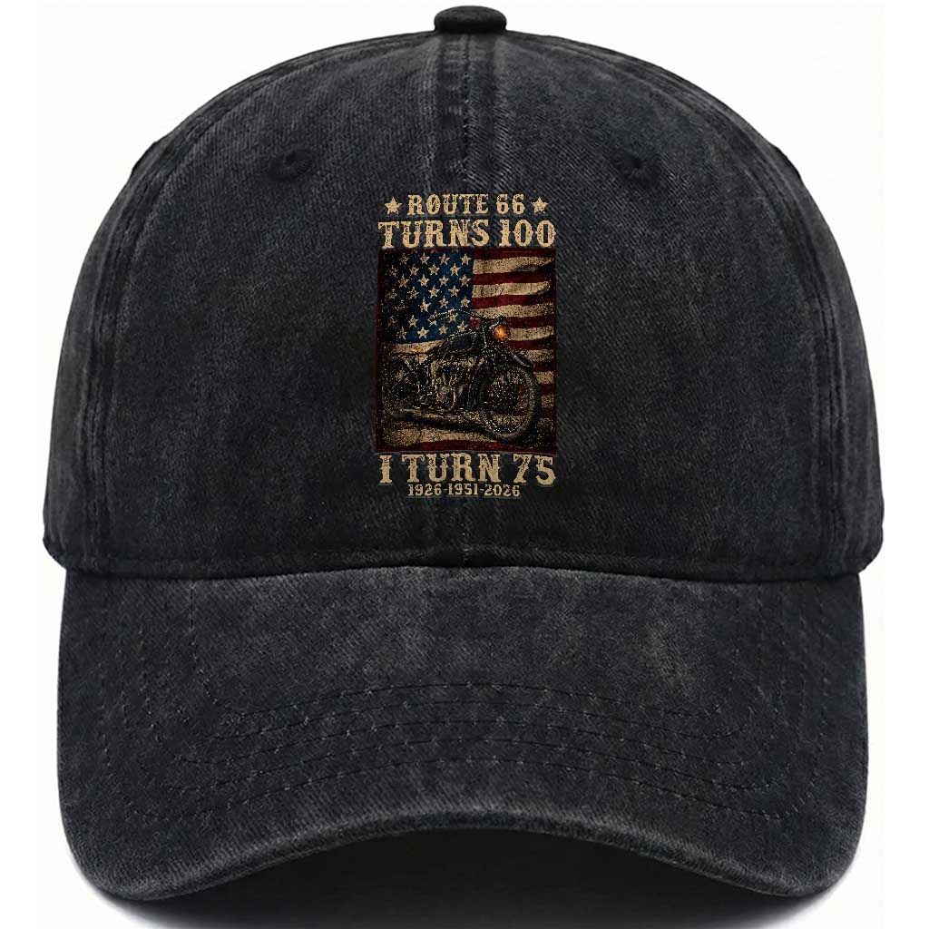 Route Highway 66 Turns 100 I Turn 75 Washed Cotton Baseball Cap Vintage 1951 American Motorcycle Lover 75th Birthday Gift TS14 Print Your Wear