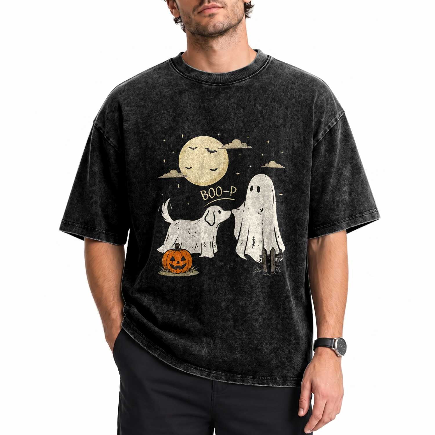 Boo Boo-p Dog Ghost Washed Cotton T-Shirt Funny Halloween Dog Lovers