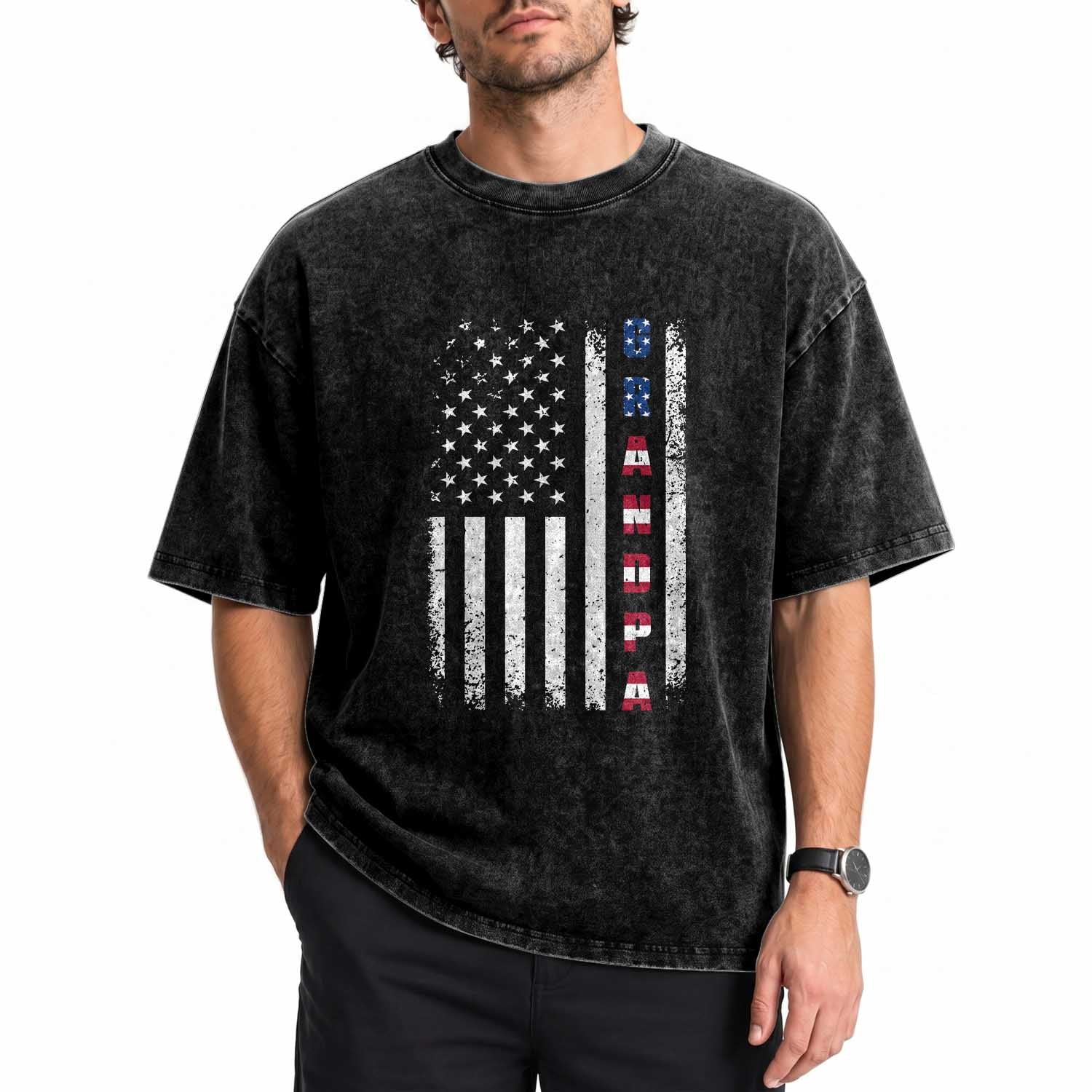 Grandpa Vintage USA Flag Patriotic 4th of July Washed Cotton T-Shirt