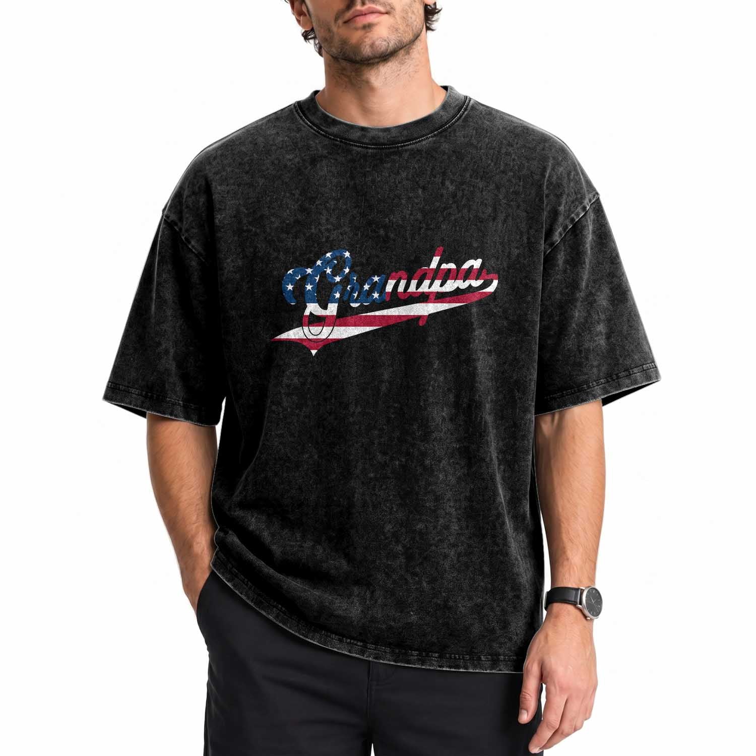 Grandpa Bold Patriotic American Flag Father’s Day Grandpa Washed Cotton T-Shirt