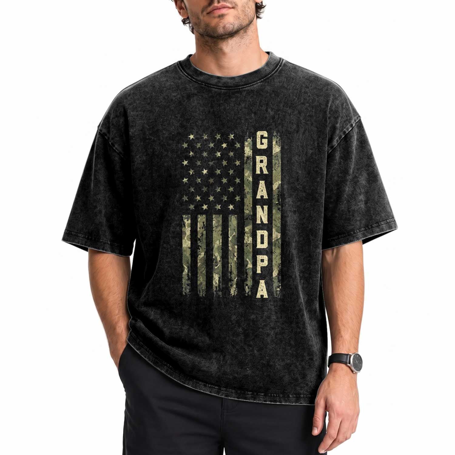 Camo Grandpa Camourflage USA Flag Fathers Day Washed Cotton T-Shirt