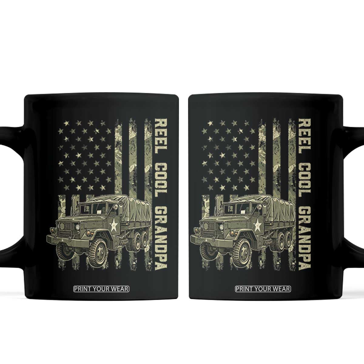 Reel Cool Grandpa Coffee Mug Vintage 2.5 Ton Military Cargo Truck Camo US American Flag Trucker