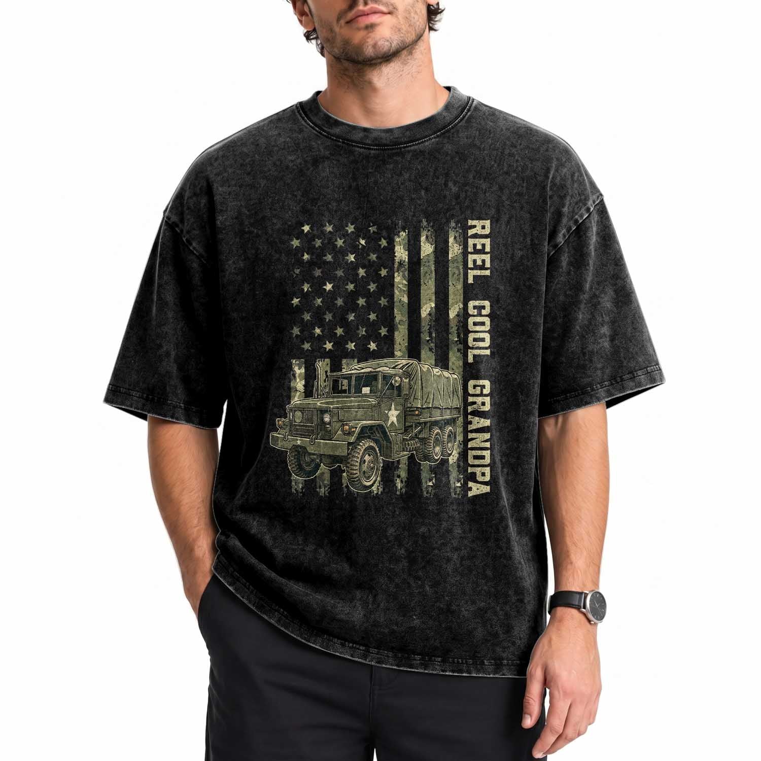 Reel Cool Grandpa Washed Cotton T-Shirt Vintage 2.5 Ton Military Cargo Truck Camo US American Flag Trucker