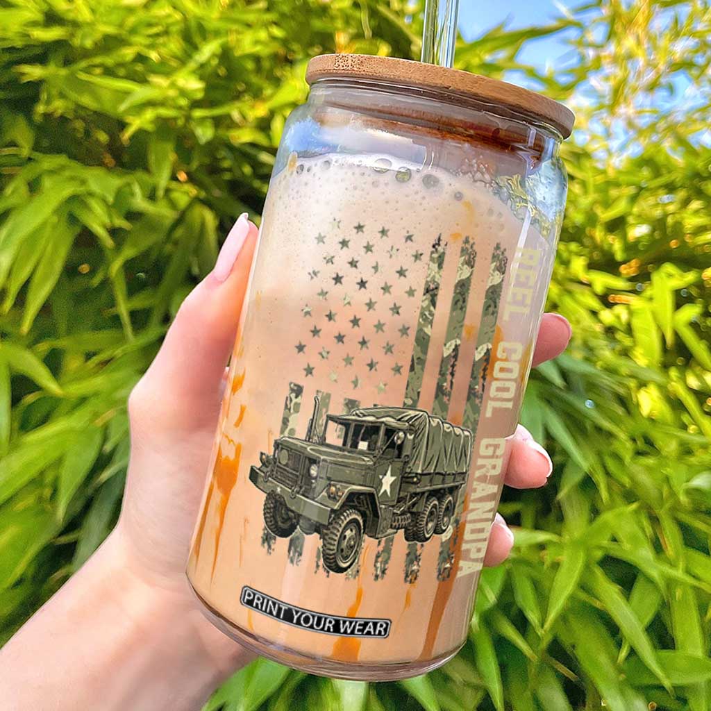 Reel Cool Grandpa Glass Can Vintage 2.5 Ton Military Cargo Truck Camo US American Flag Trucker