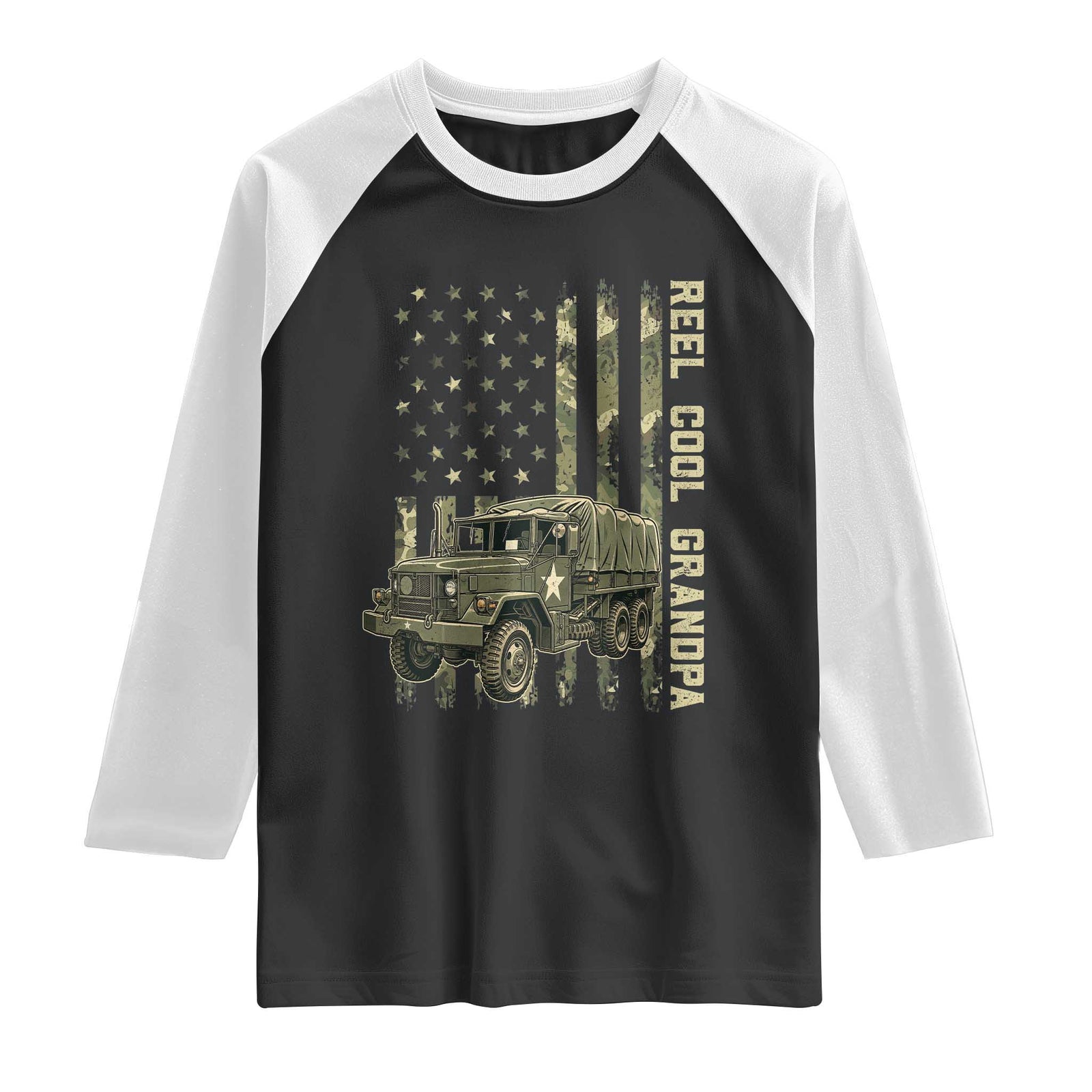 Reel Cool Grandpa Raglan Shirt Vintage 2.5 Ton Military Cargo Truck Camo US American Flag Trucker