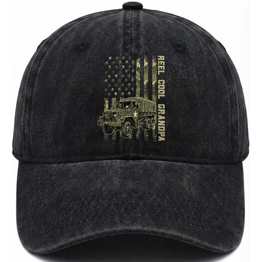 Reel Cool Grandpa Washed Cotton Baseball Cap Vintage 2.5 Ton Military Cargo Truck Camo US American Flag Trucker