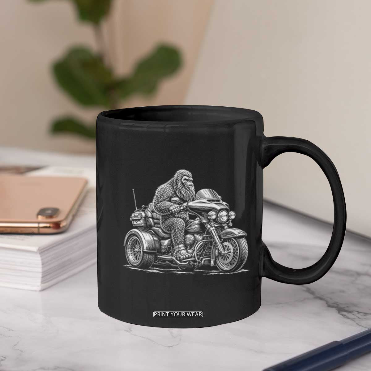 Bigfoot Riding Motorcycle Three Wheeled Trike Sasquatch Coffee Mug