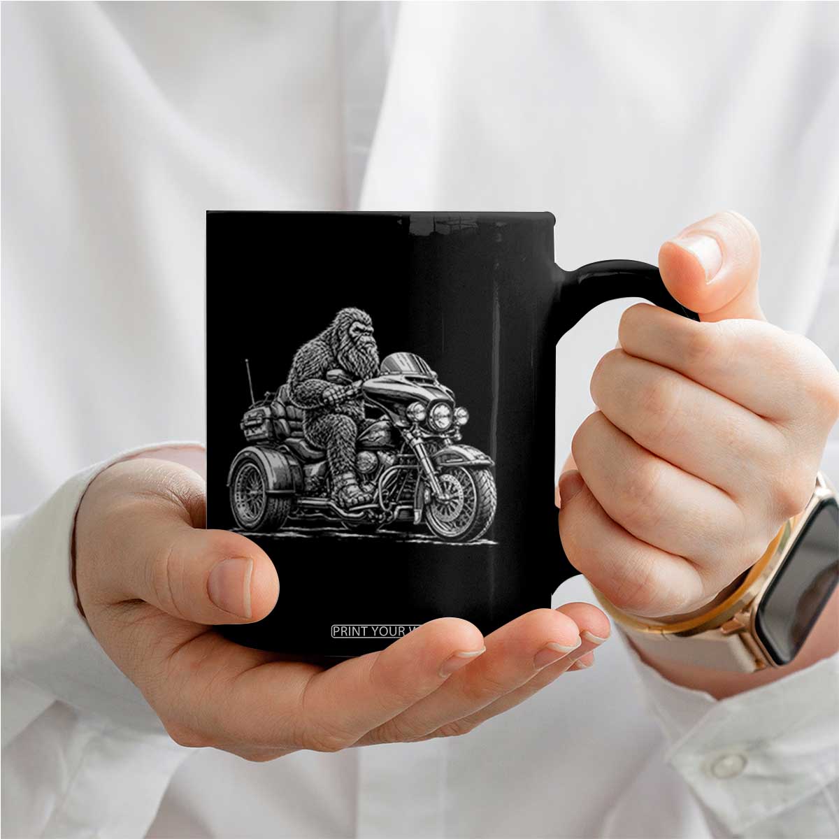 Bigfoot Riding Motorcycle Three Wheeled Trike Sasquatch Coffee Mug