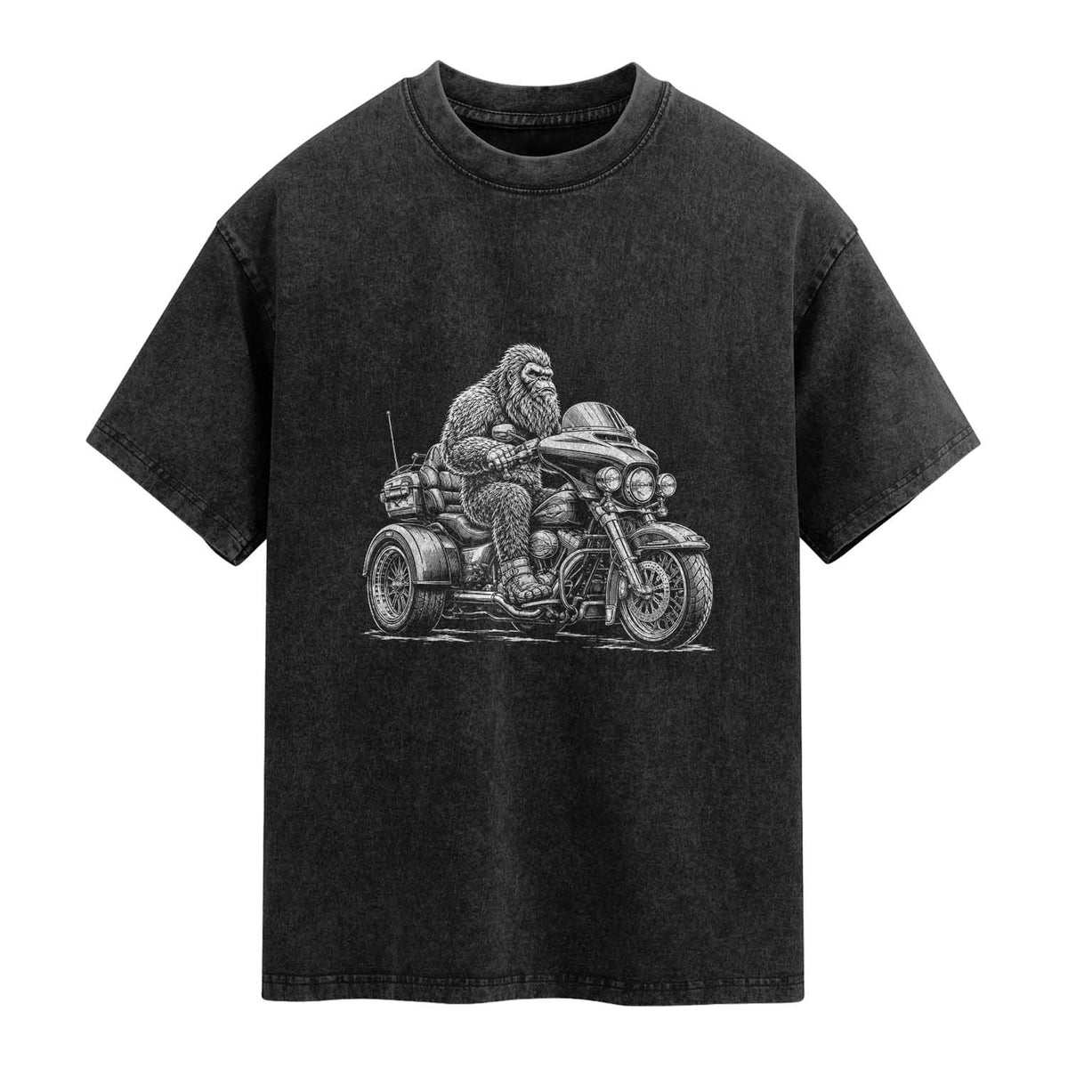 Bigfoot Riding Motorcycle Three Wheeled Trike Sasquatch Washed Cotton T-Shirt