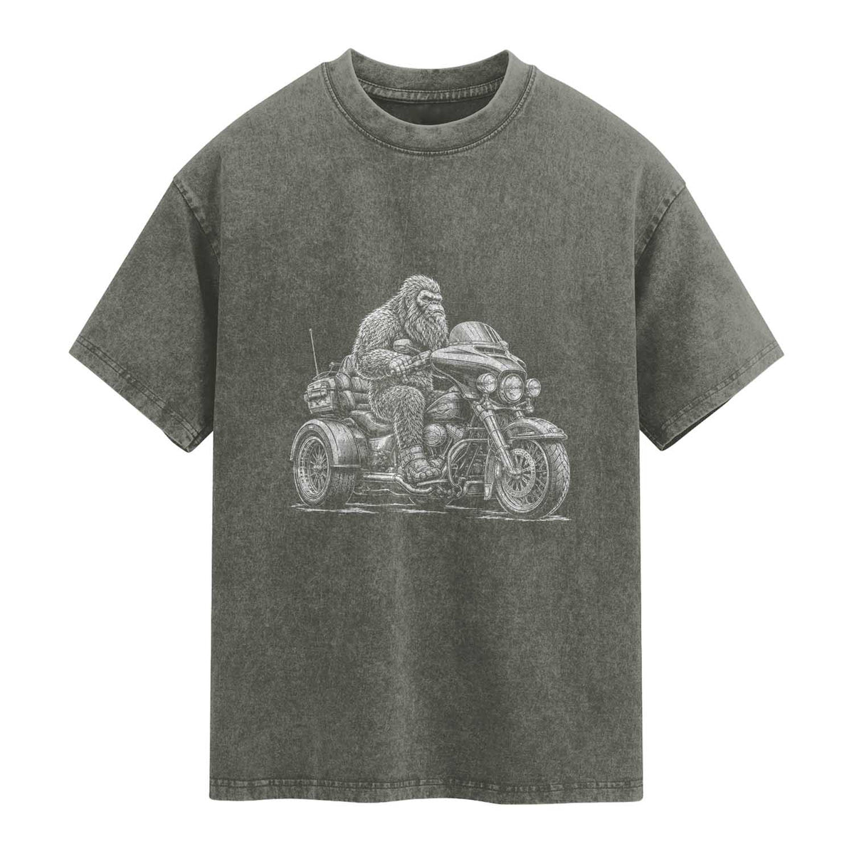 Bigfoot Riding Motorcycle Three Wheeled Trike Sasquatch Washed Cotton T-Shirt