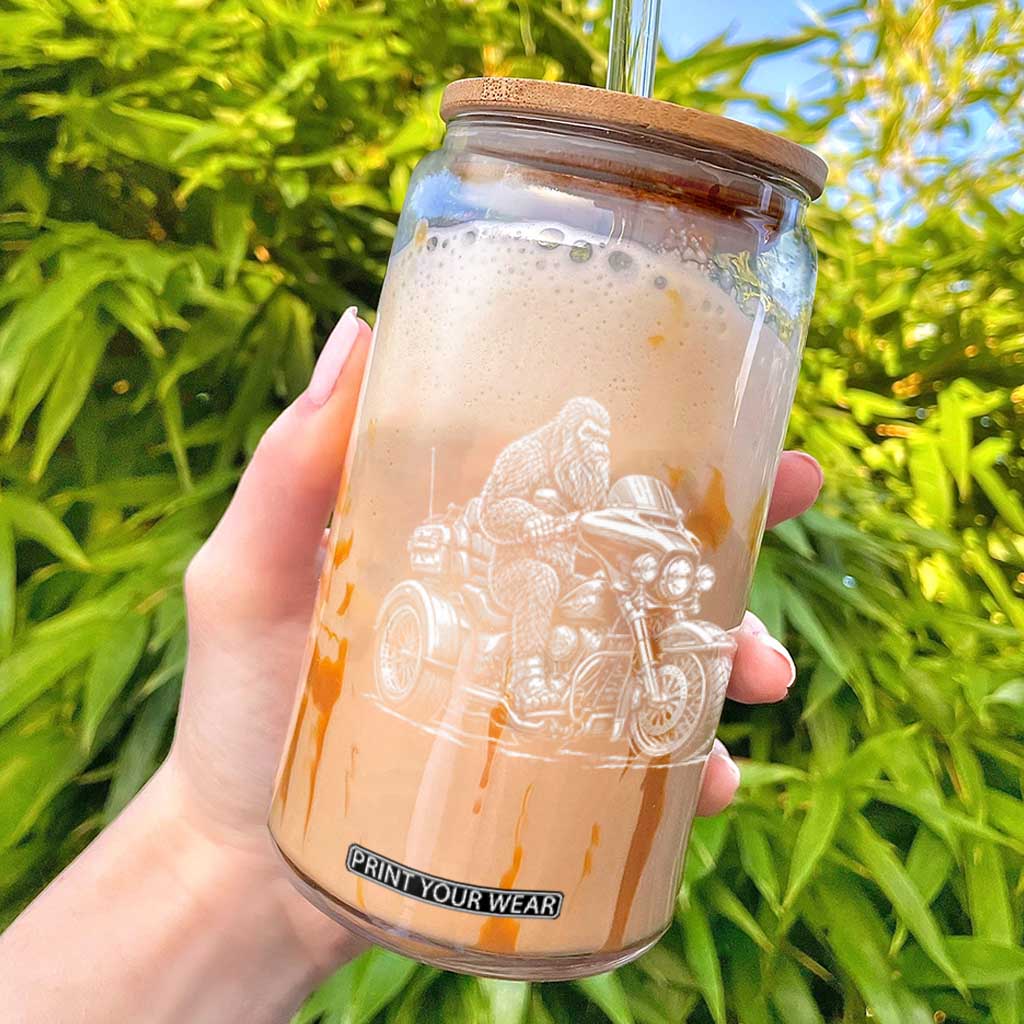Bigfoot Riding Motorcycle Three Wheeled Trike Sasquatch Glass Can