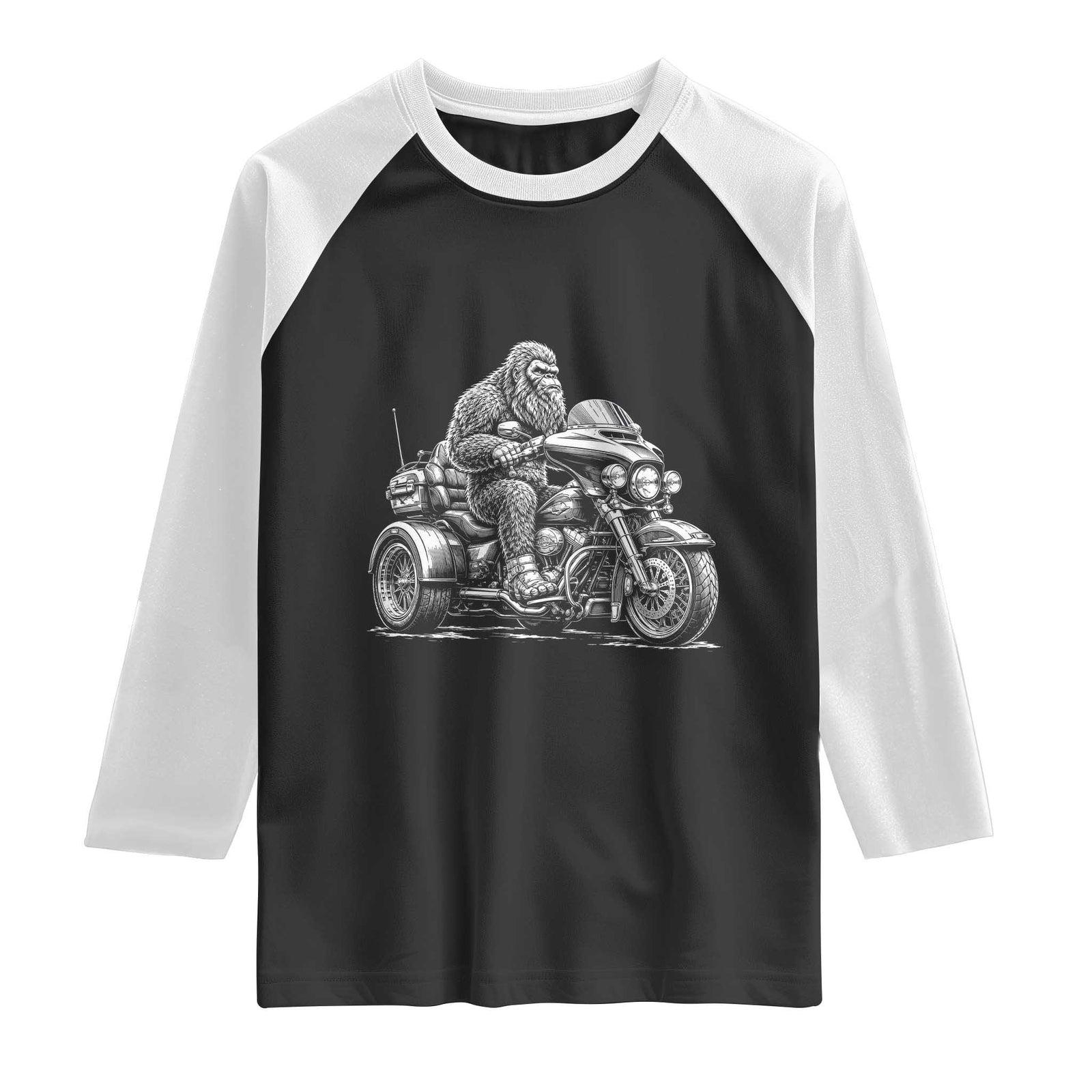 Bigfoot Riding Motorcycle Three Wheeled Trike Sasquatch Raglan Shirt