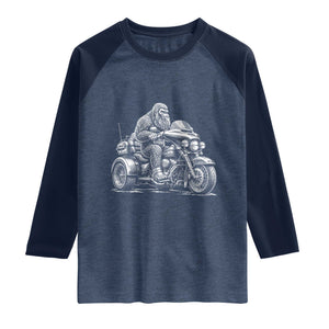 Bigfoot Riding Motorcycle Three Wheeled Trike Sasquatch Raglan Shirt