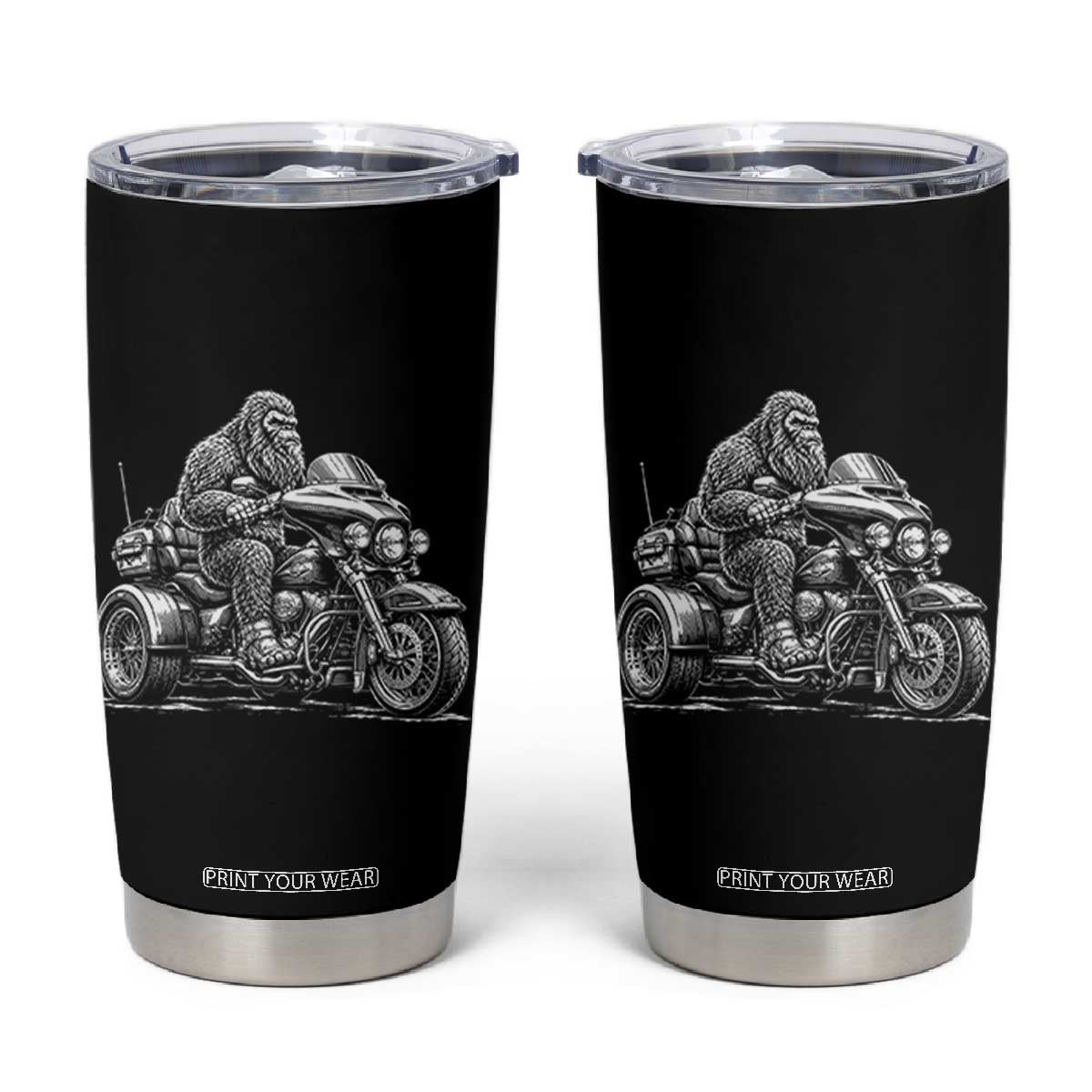 Bigfoot Riding Motorcycle Three Wheeled Trike Sasquatch Tumbler Cup