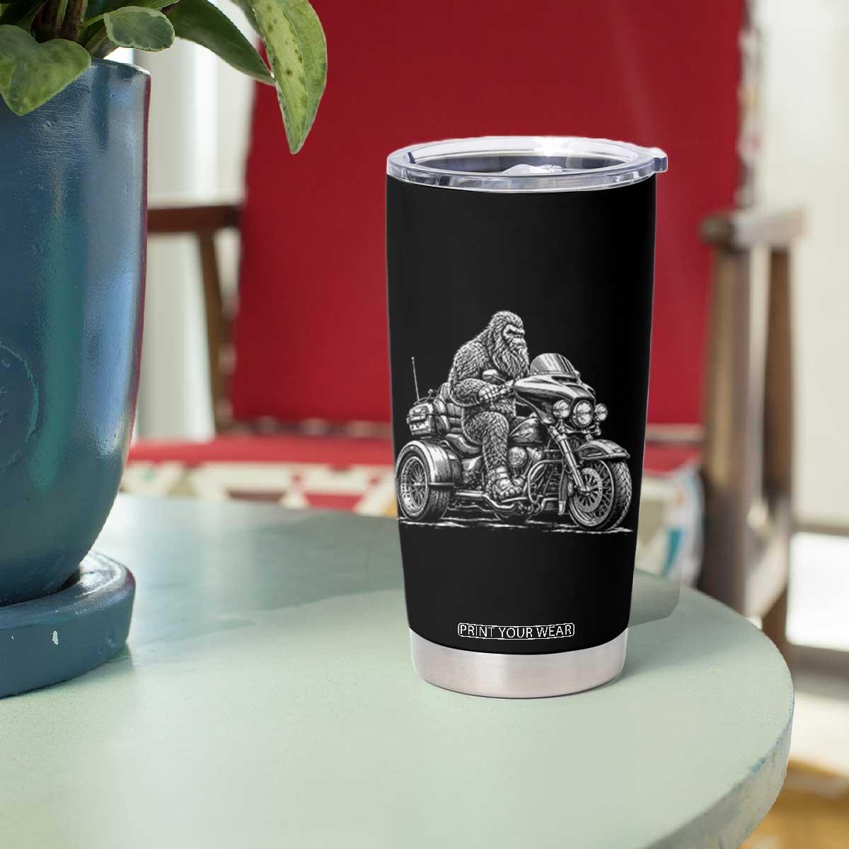 Bigfoot Riding Motorcycle Three Wheeled Trike Sasquatch Tumbler Cup