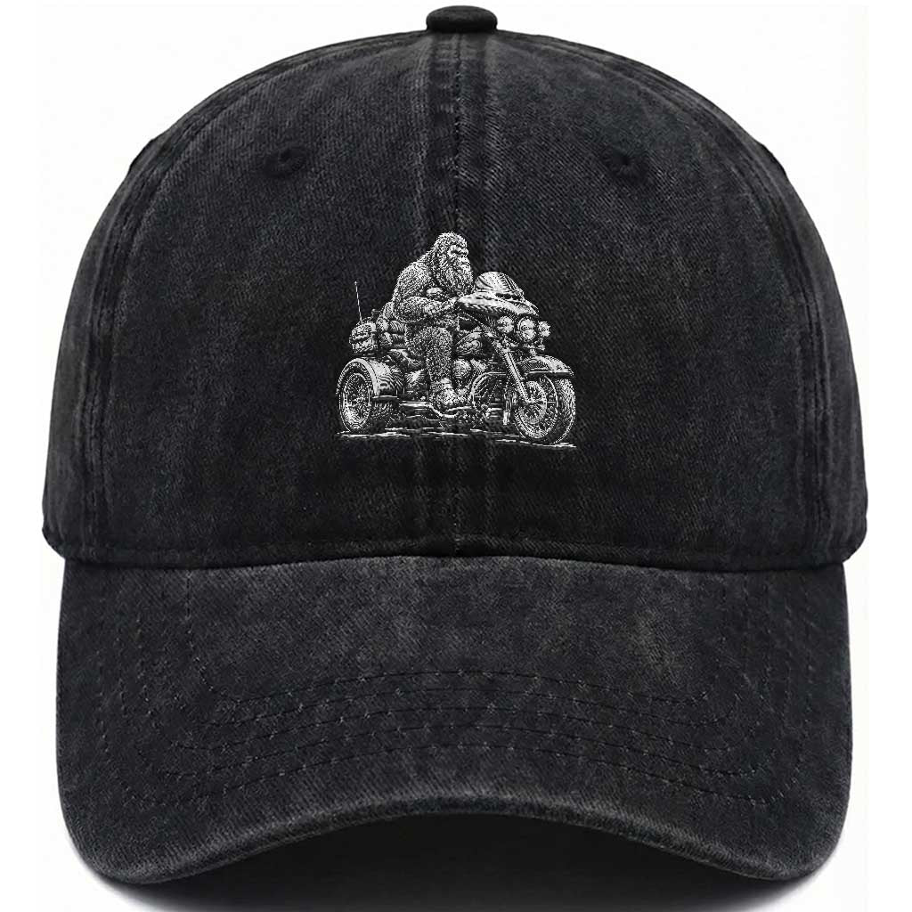 Bigfoot Riding Motorcycle Three Wheeled Trike Sasquatch Washed Cotton Baseball Cap