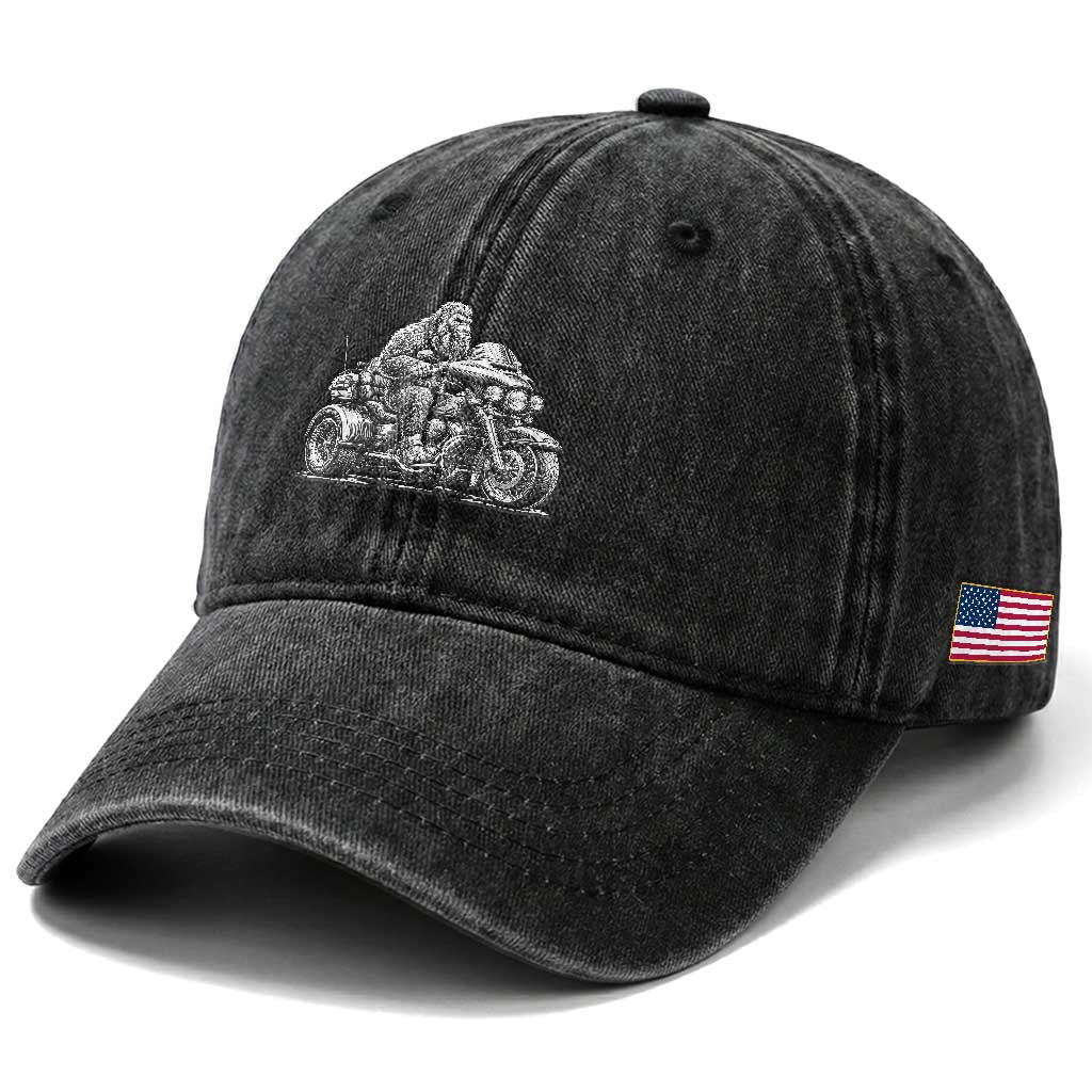 Bigfoot Riding Motorcycle Three Wheeled Trike Sasquatch Washed Cotton Baseball Cap