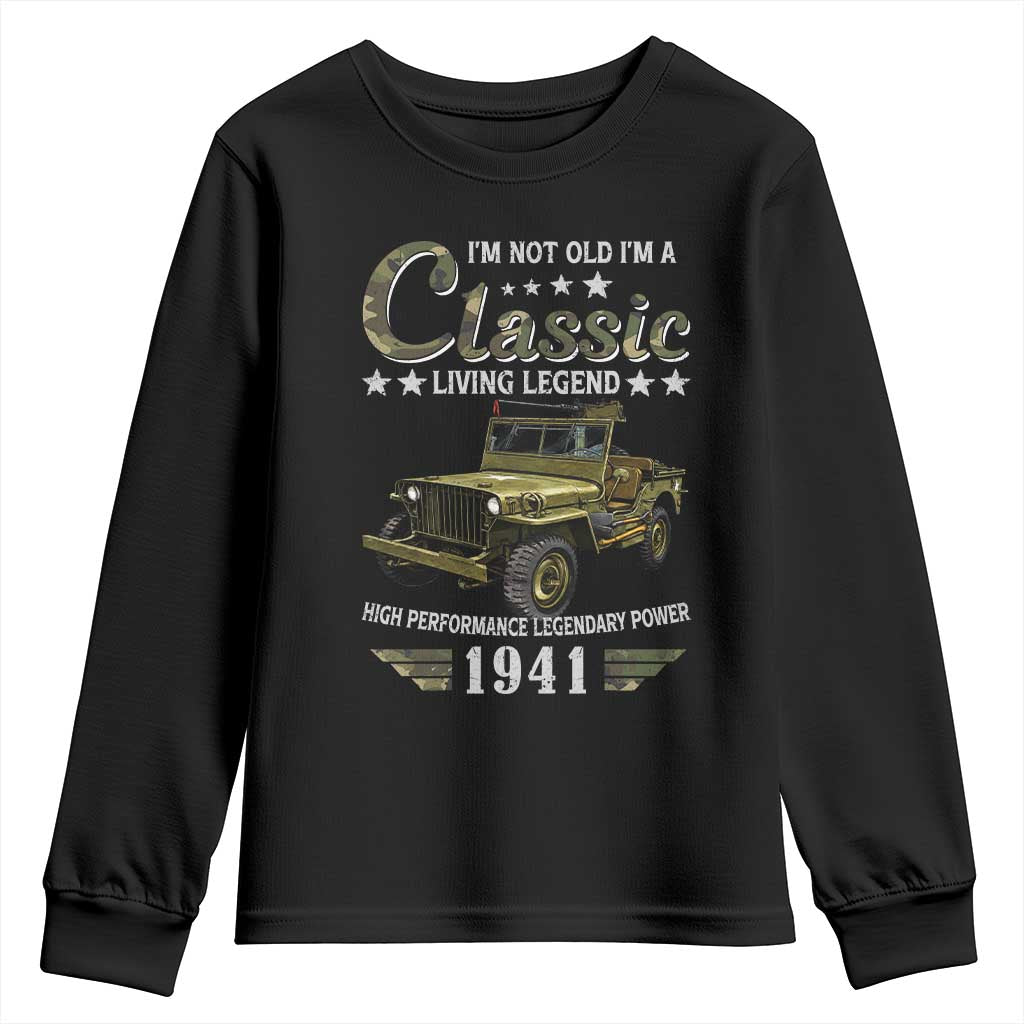 85th Birthday Classic Car For Legends Born In 1941 Youth Sweatshirt Vintage WWII Military Vehicle