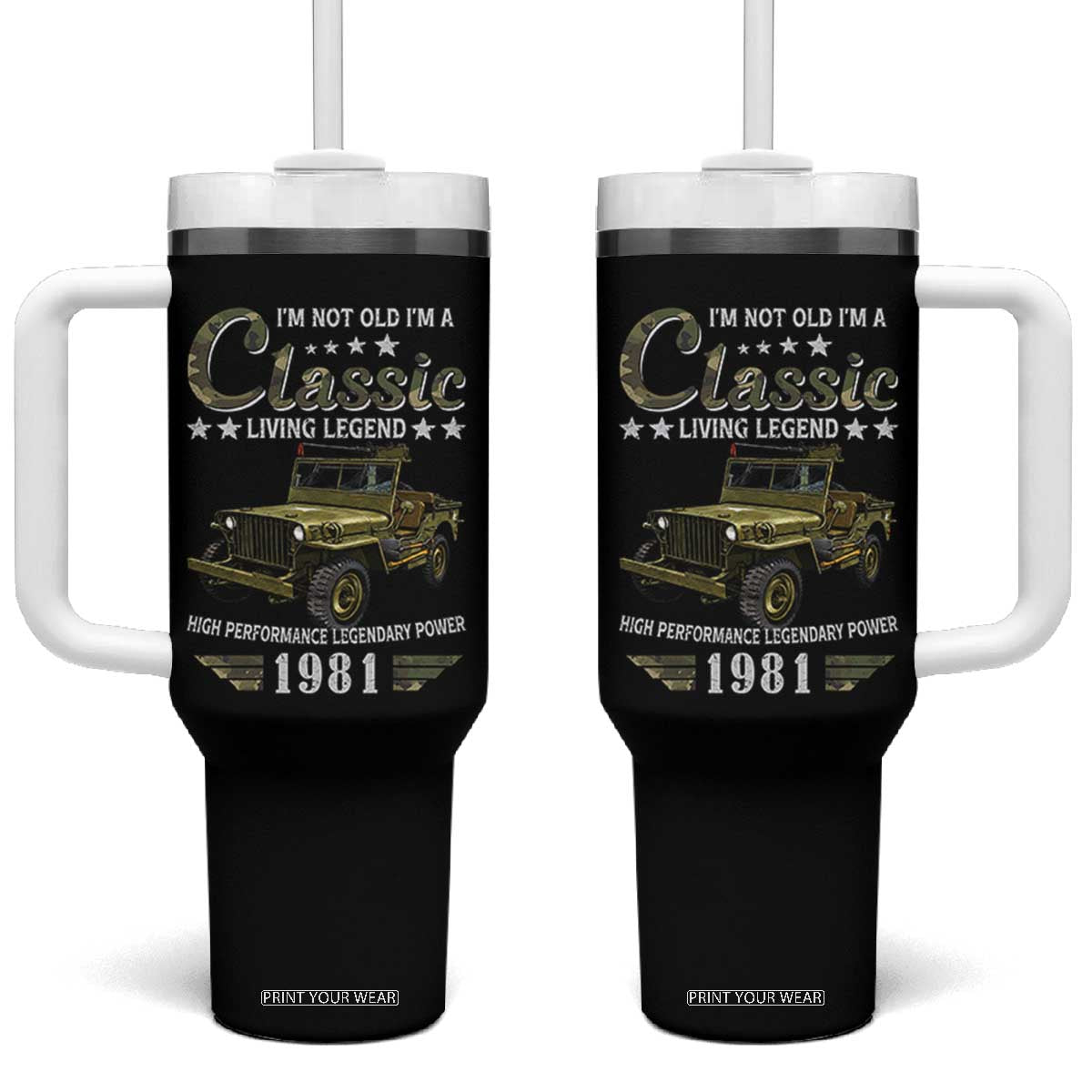 45th Birthday Classic Car For Legends Born In 1981 Tumbler With Handle Vintage WWII Military Vehicle