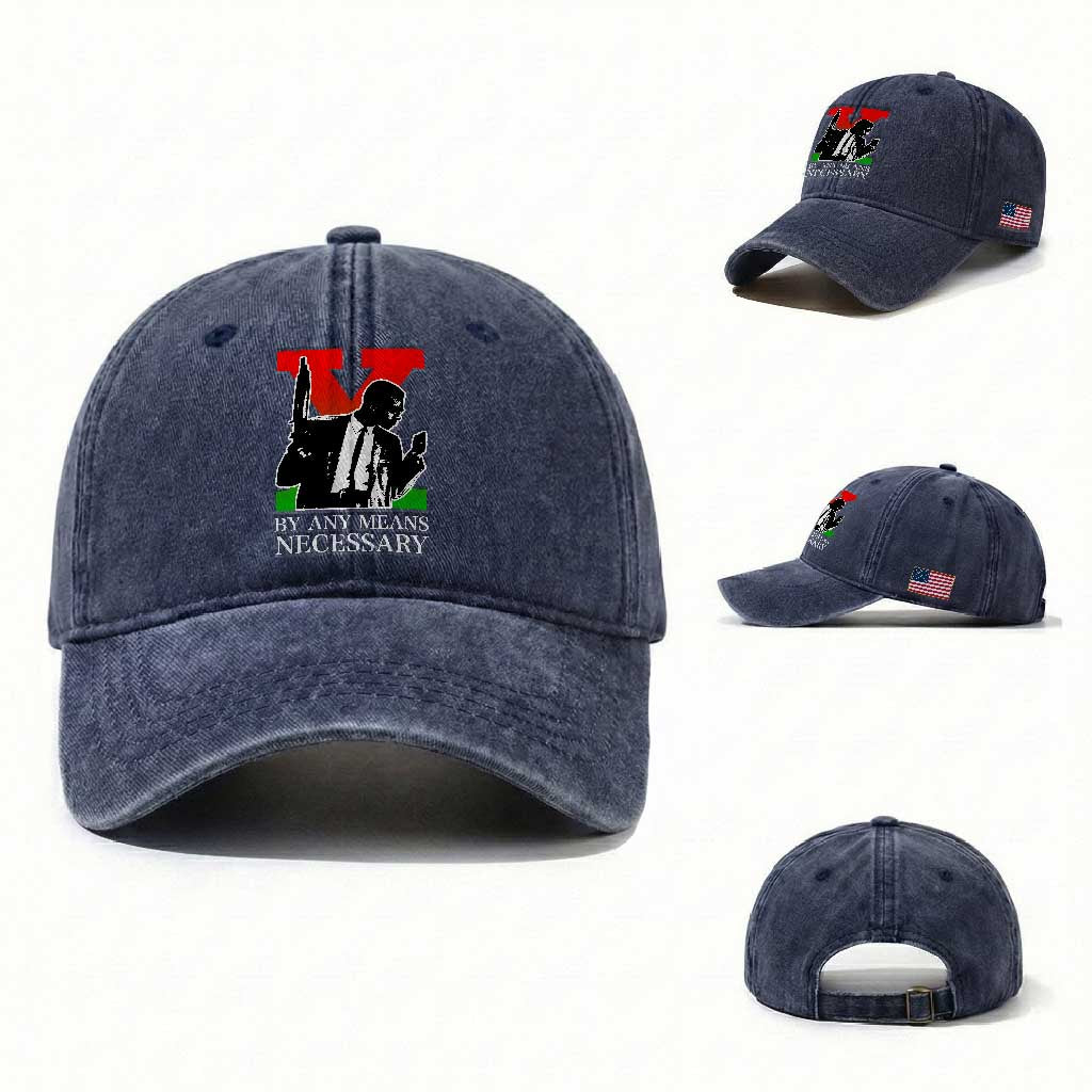 Malcolm X Washed Cotton Baseball Cap By Any Means Necessary TS14 Washed Cap Universal Fit Navy Print Your Wear