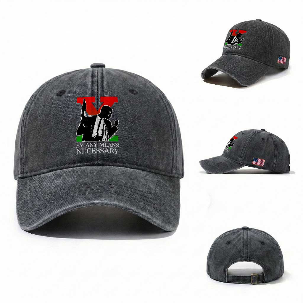 Malcolm X Washed Cotton Baseball Cap By Any Means Necessary TS14 Washed Cap Universal Fit Dark Gray Print Your Wear
