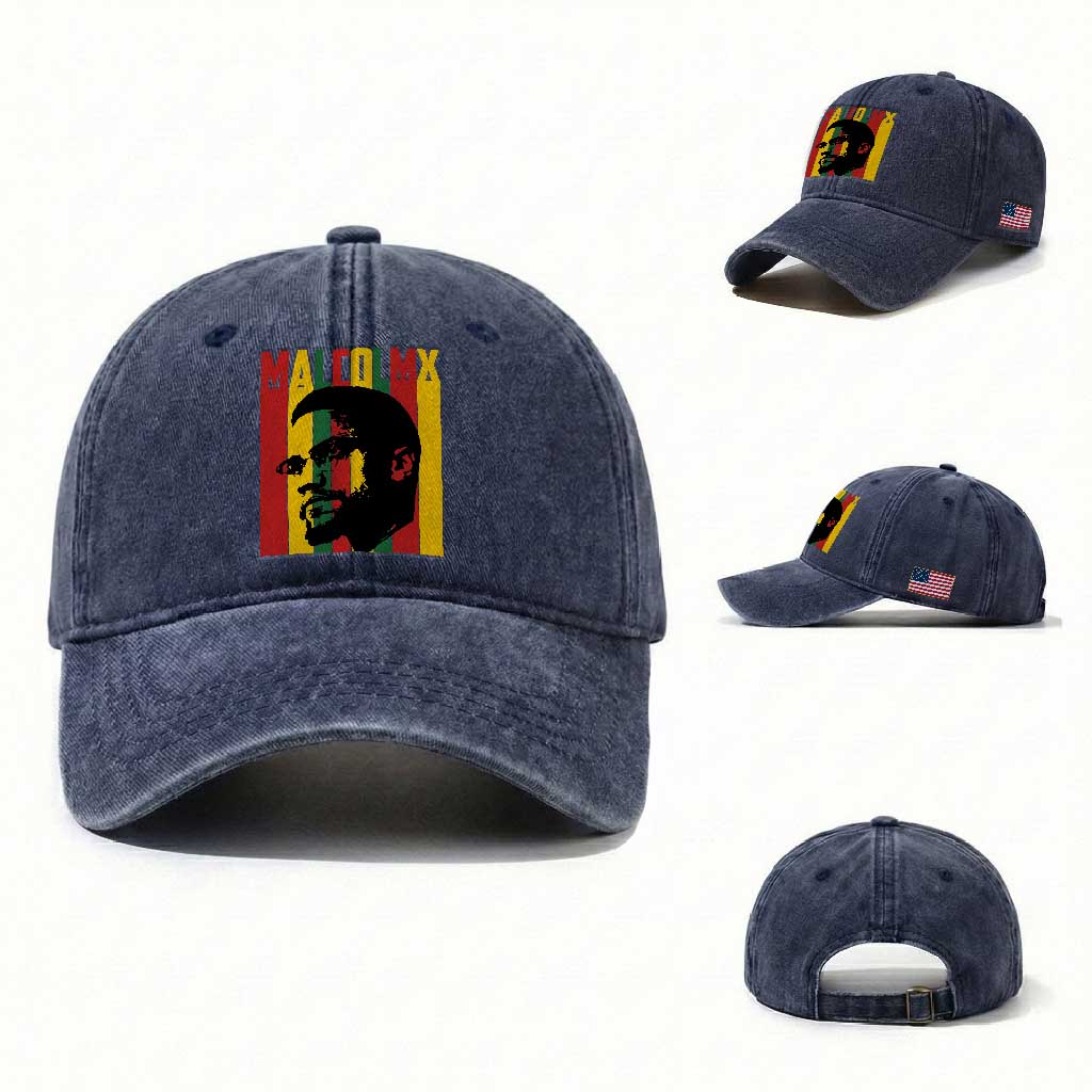 Malcolm X Washed Cotton Baseball Cap Pan African Flag Black History TS14 Washed Cap Universal Fit Navy Print Your Wear