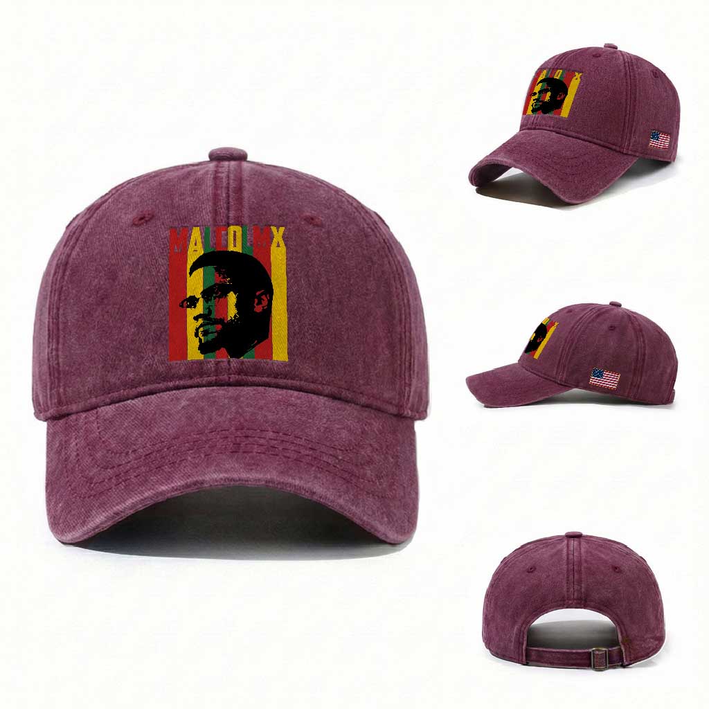 Malcolm X Washed Cotton Baseball Cap Pan African Flag Black History TS14 Washed Cap Universal Fit Burgundy Print Your Wear