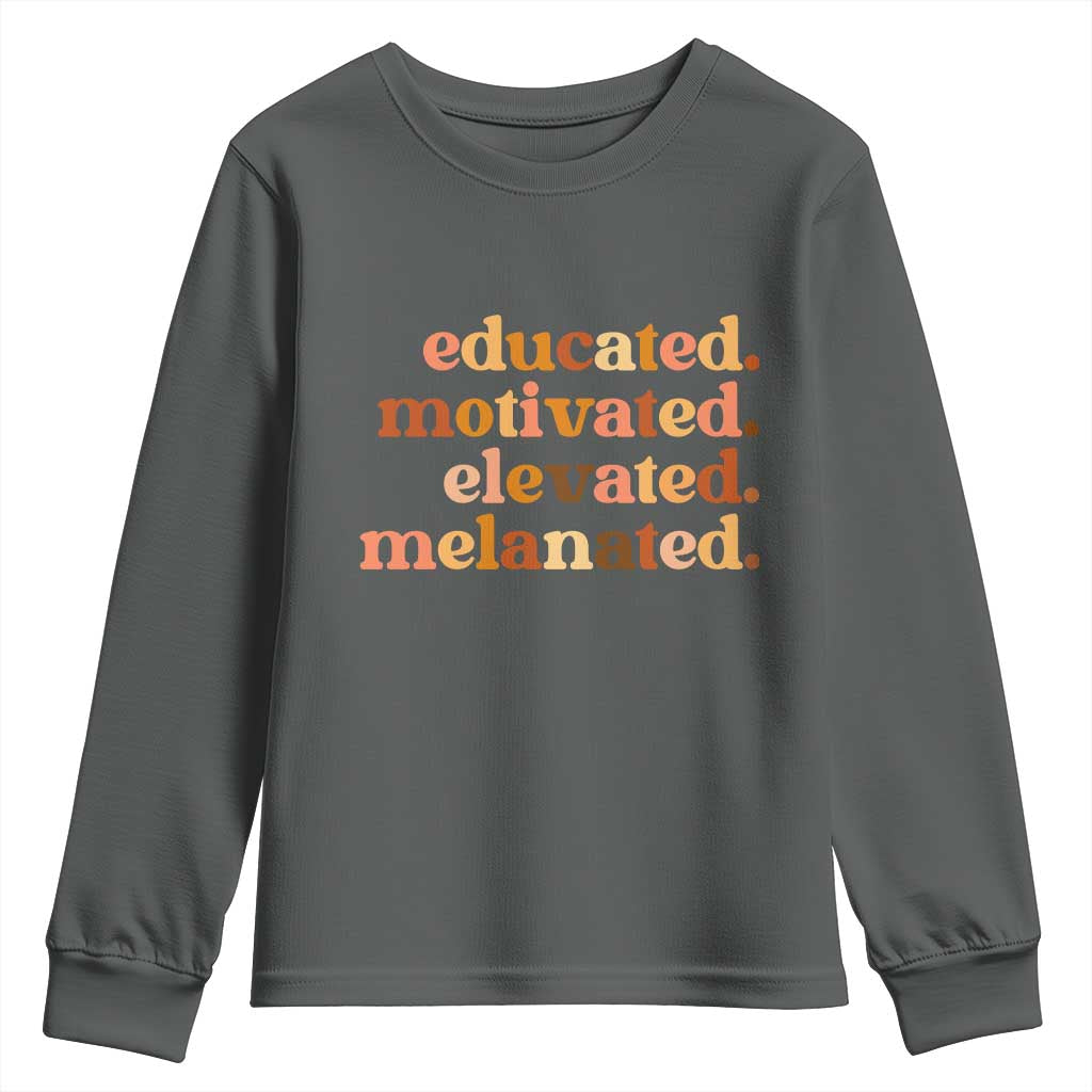 Black Pride Melanin Youth Sweatshirt Educated Motivated Elevated Melanated TS14 Dark Heather Print Your Wear