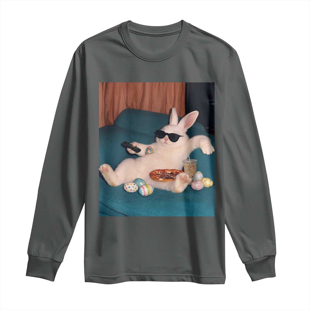 Easter Bunny Iced Coffee Long Sleeve Shirt Funny Animal Meme TS14 Dark Heather Print Your Wear
