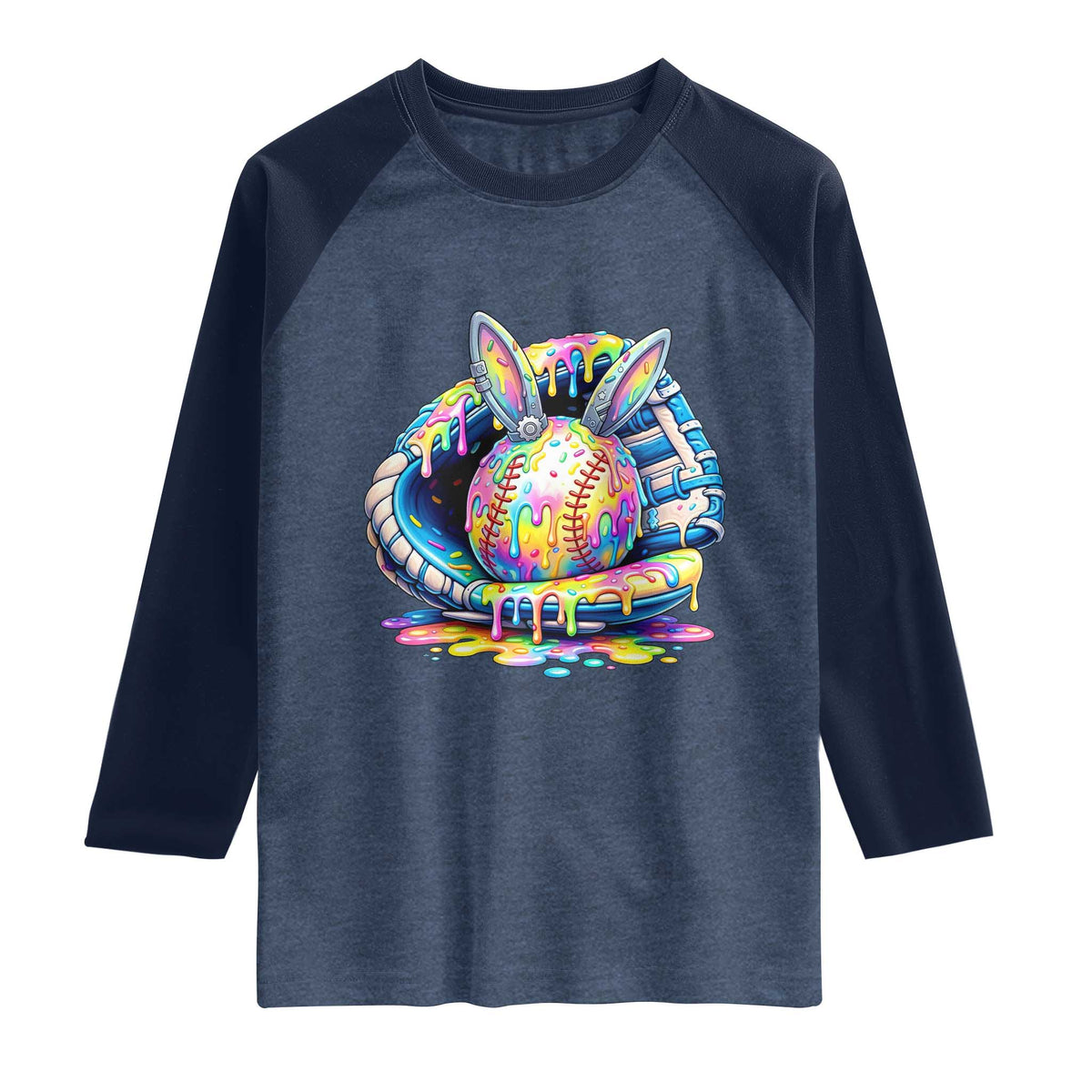 Baseball Easter Raglan Shirt Drip Ice Cream Sprinkles Baseball Glove TS14 Heather Denim Navy Print Your Wear