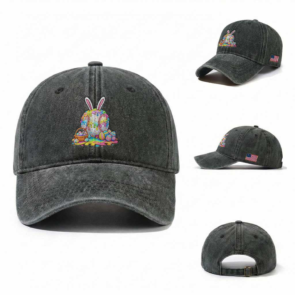 Baseball Easter Drip Ice Cream Sprinkles Egg Gift Washed Cotton Baseball Cap TS14 Washed Cap Universal Fit Dark Green Print Your Wear